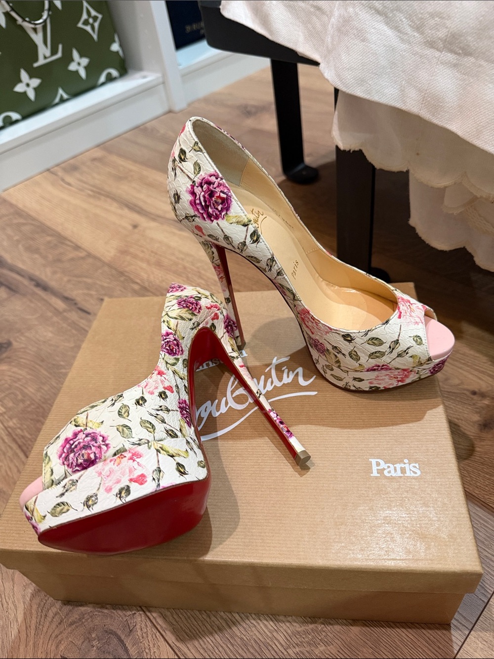Christian Louboutin Floral Peep-Toe Platform Pumps in Cream, Pink and Red